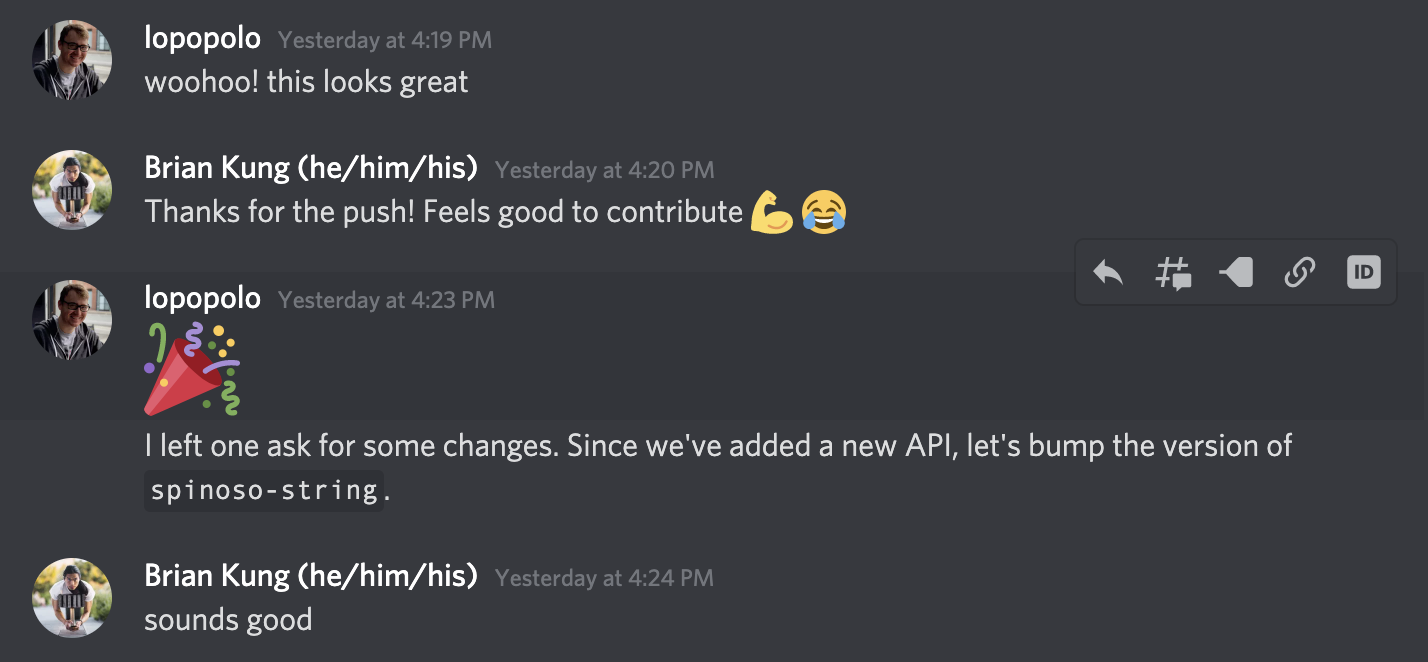 lopopolo: woohoo! this looks great

Brian Kung (he/him/his): Thanks for the push! Feels good to contribute 💪😂

lopopolo: 🎉

lopopolo: I left one ask for some changes. Since we've added a new API, let's bump the version of `spinoso-string`.

Brian Kung: sounds good