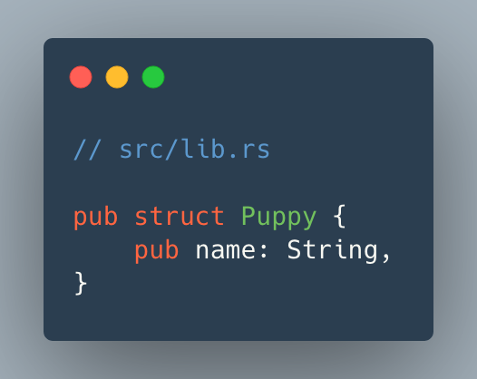 ```
// src/lib.rs

/// Guaranteed to be a very cute puppy
pub struct Puppy {
    pub name: String,
}
```