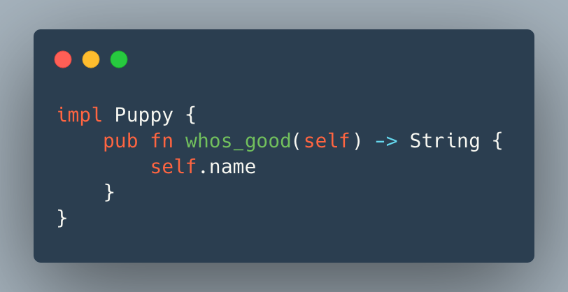 impl Puppy {
    pub fn whos_good(self) -> String {
        self.name
    }
}