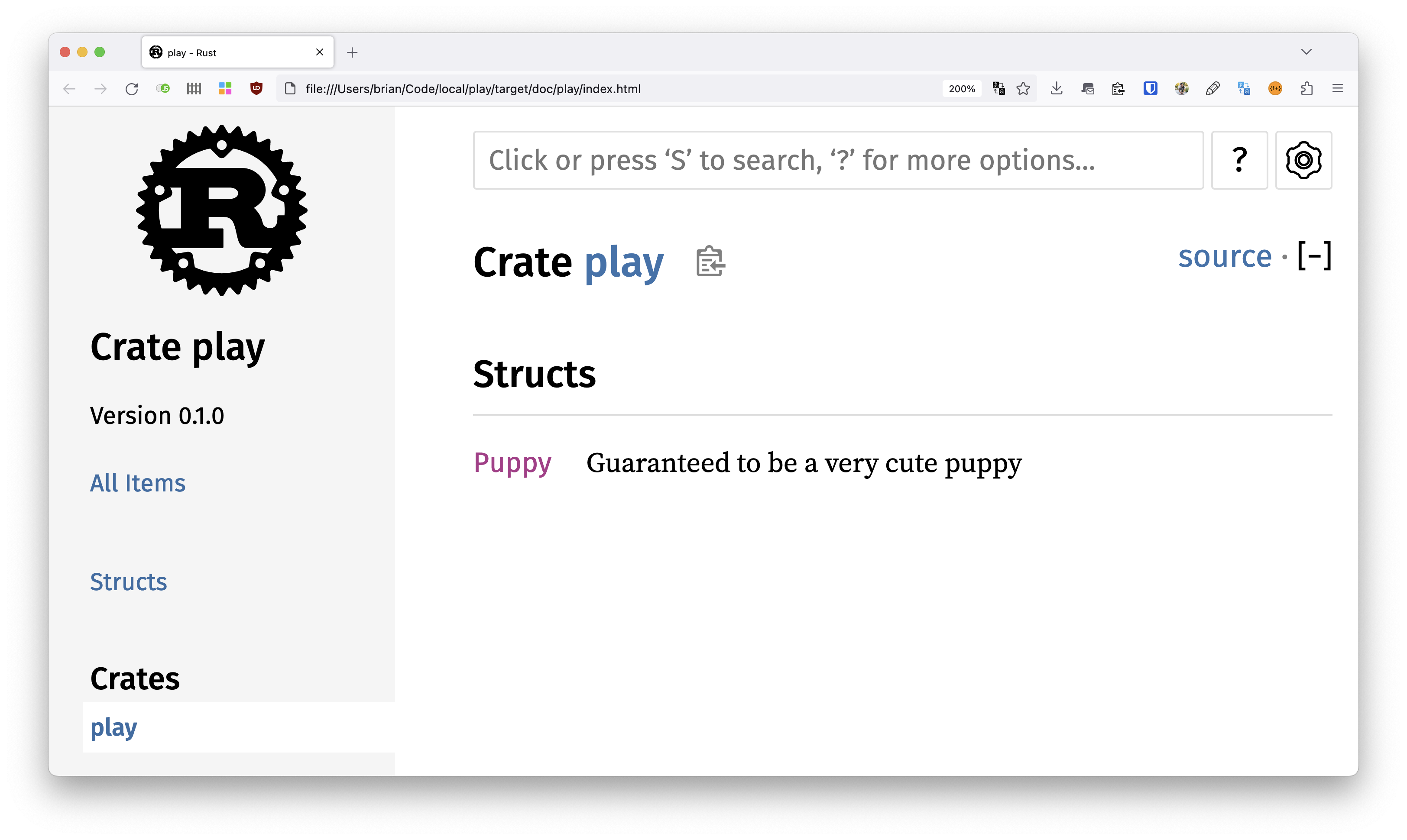 A screenshot of a Rust project, or crate, called "play" with a single struct, Puppy, with the description "Guaranteed to be a very cute puppy."