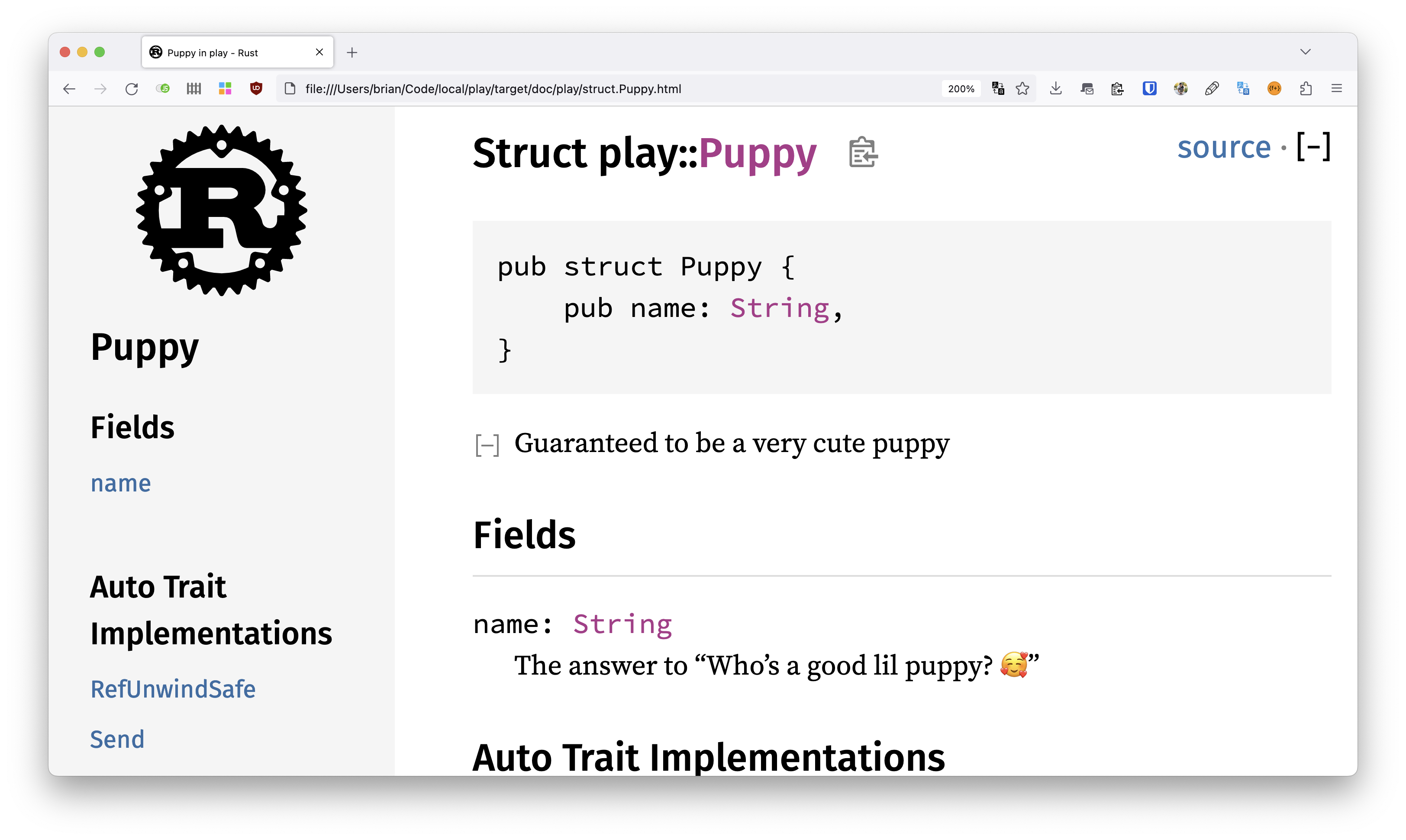 Same screenshot as earlier, but the `name: String` has a description as well: The answer to "Who's a good lil puppy? 🥰"