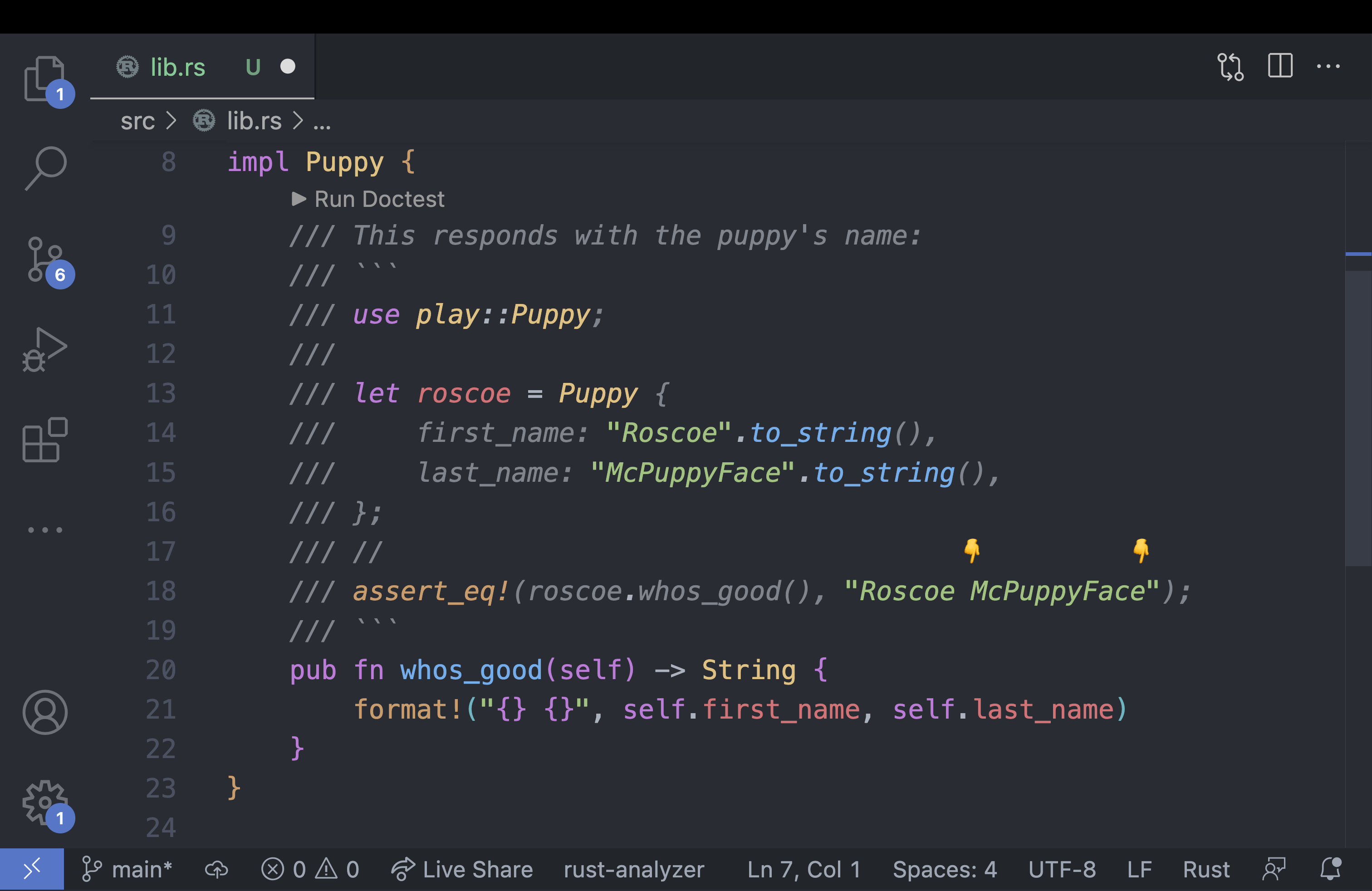 Screenshot of VS Code where the assertion has been modified to be:

assert_eq!(roscoe.whos_good(), "Roscoe McPuppyFace");