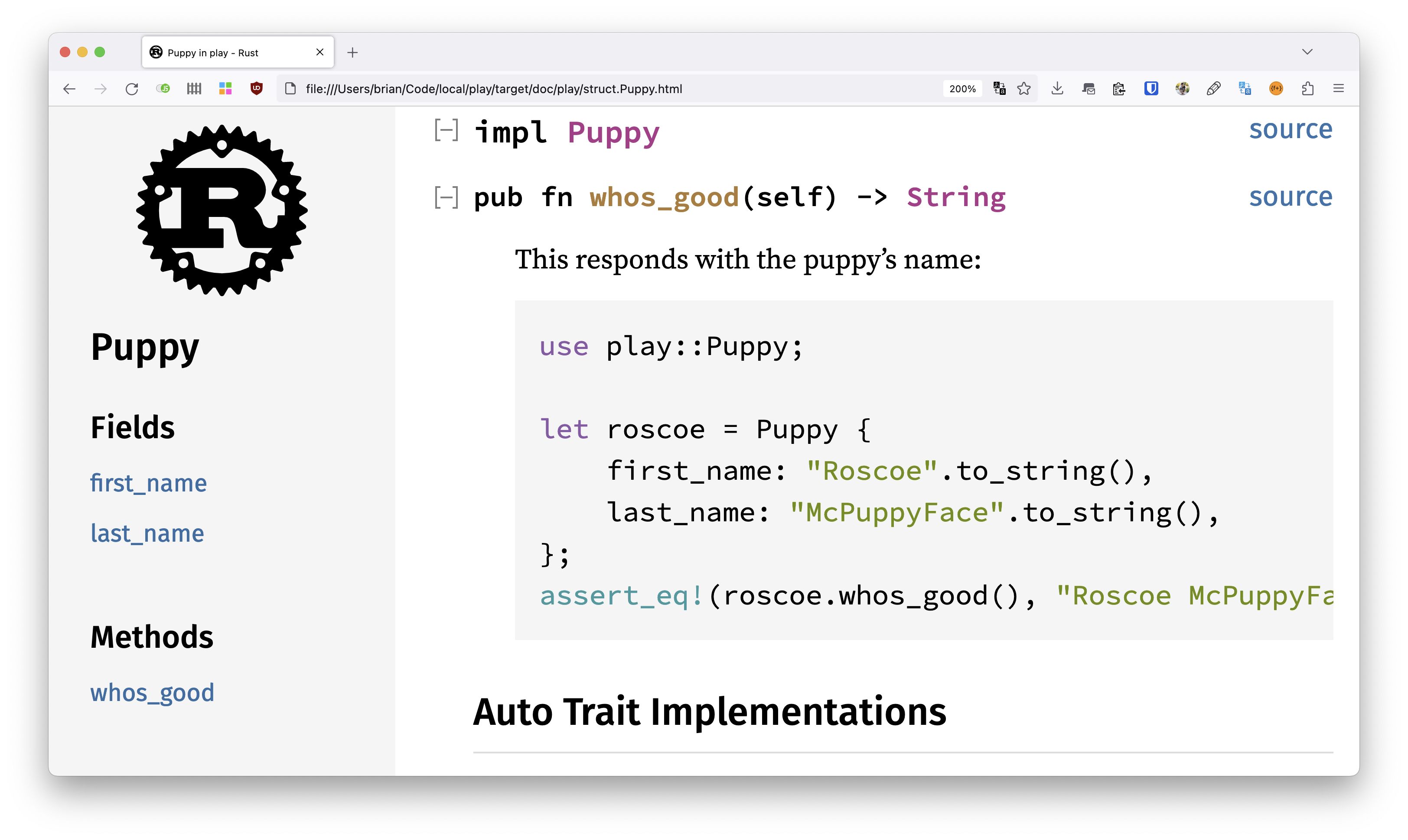 Screenshot of updated Puppy struct documentation with nicely syntax highlighted code block describing the whos_good function